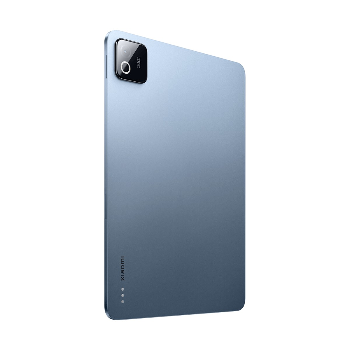 Retro di un tablet Xiaomi blu con modulo fotocamera rettangolare e logo.
