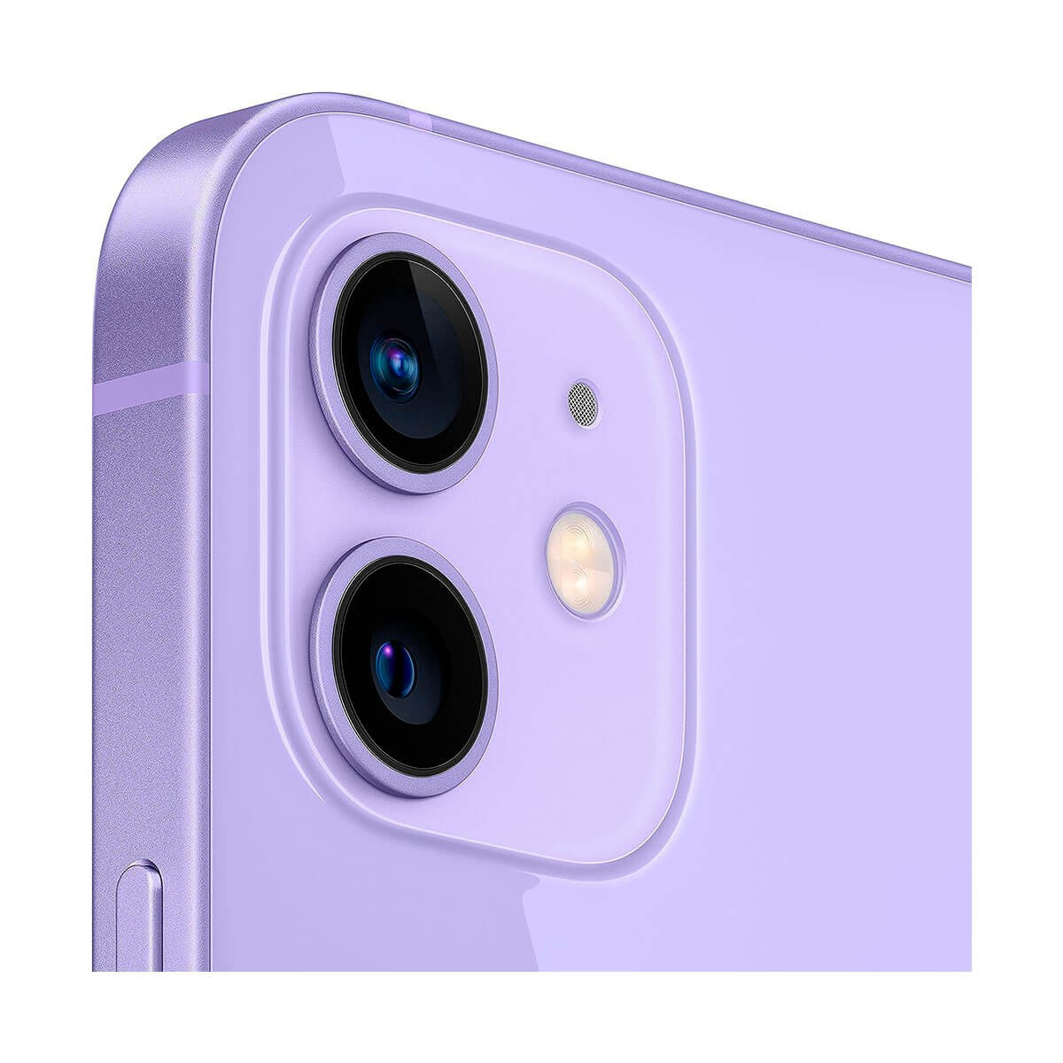 Nahaufnahme des Dual-Kameramoduls eines lila Smartphones mit Blitz und Mikrofon auf glänzender Rückseite.