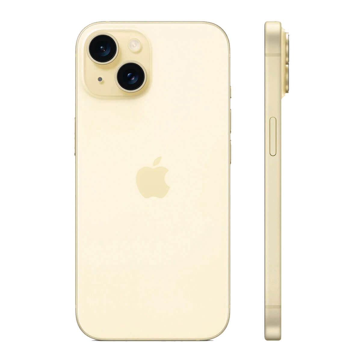 Vista posteriore e laterale di uno smartphone giallo chiaro con doppia fotocamera e logo Apple su sfondo bianco.