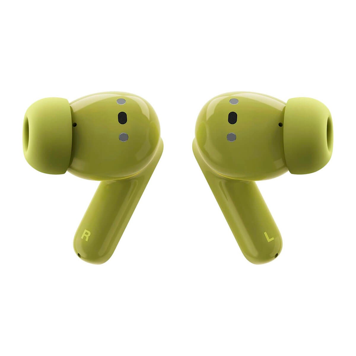 Un par de auriculares intrauditivos de color verde amarillo brillante con marcas R y L sobre fondo blanco.