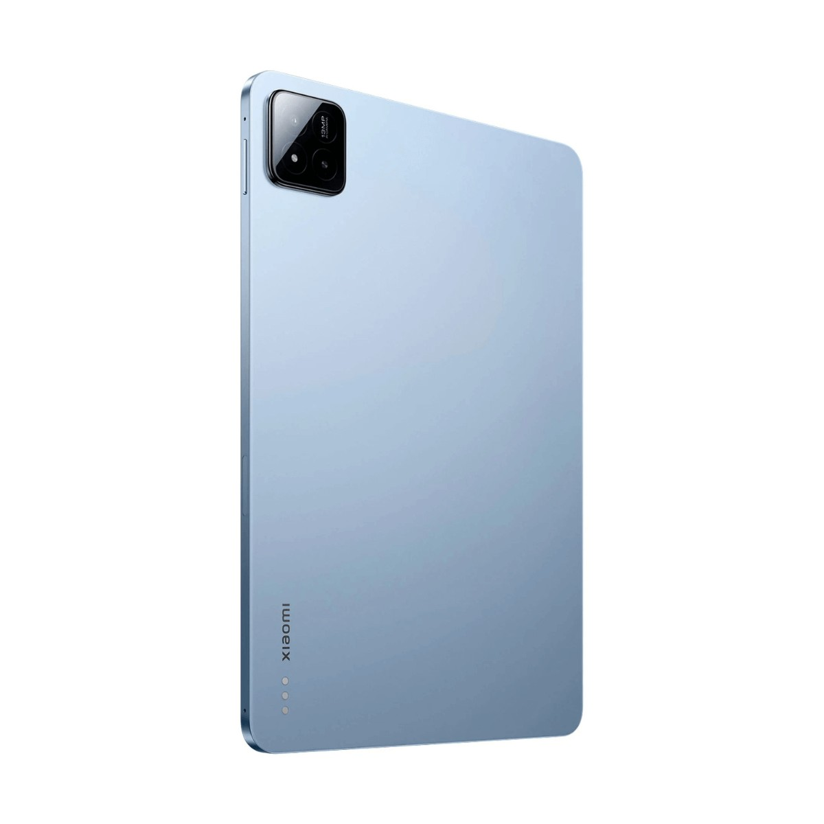 Retro di un tablet Xiaomi azzurro chiaro con modulo fotocamera rettangolare e logo Xiaomi.