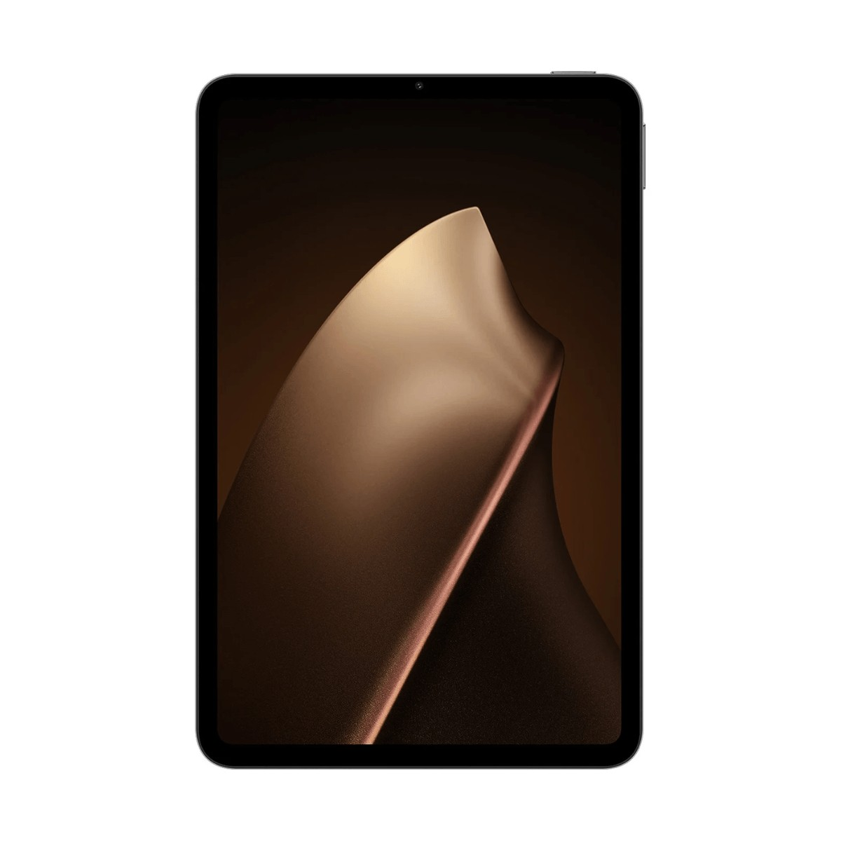 Siyah bir tablet, koyu renkli ekranında soyut altın rengi bir dalga grafiği gösteriyor.