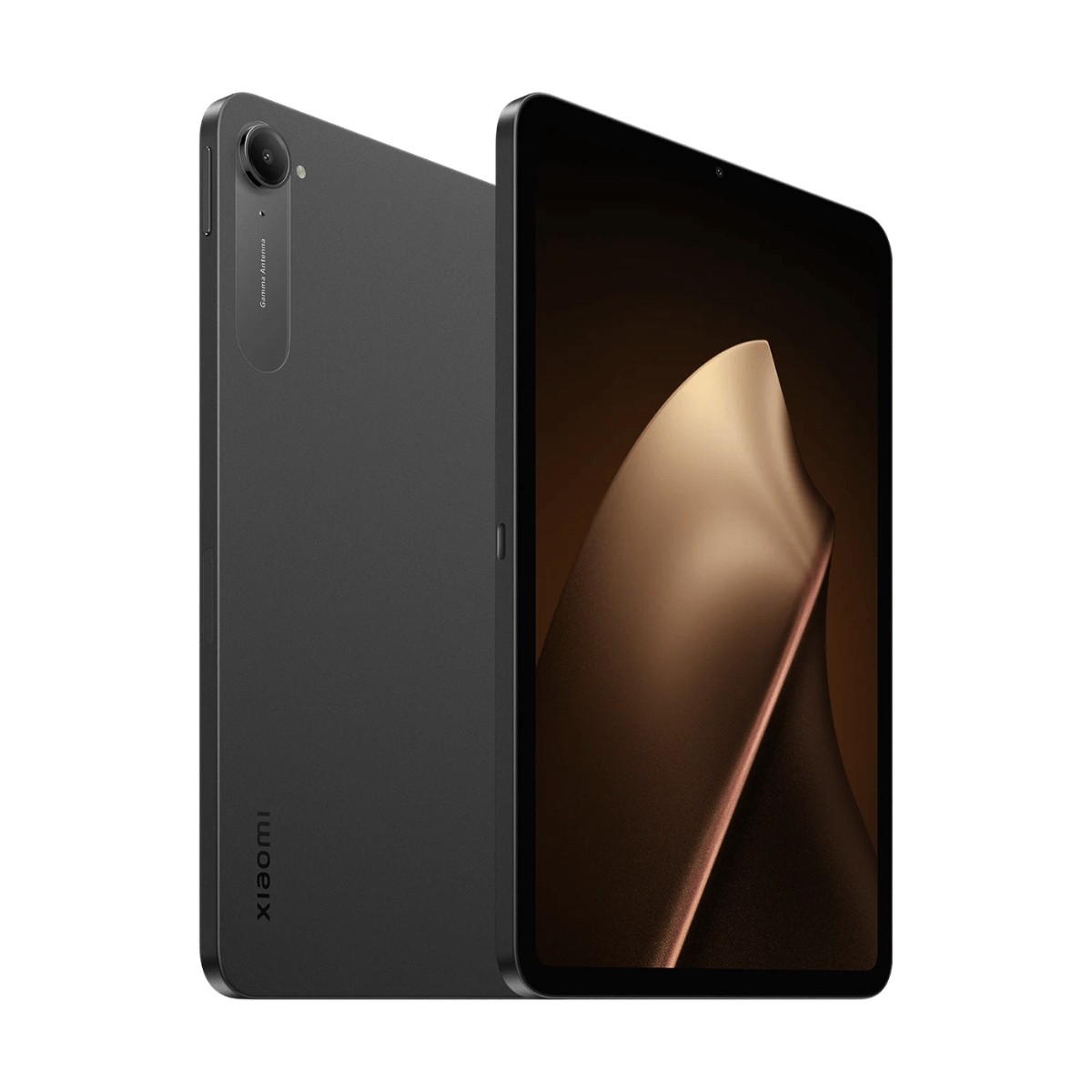 Birlikte gösterilen iki koyu gri Xiaomi tablet, biri arka kamerayı ve logoyu, diğeri kavisli ekranı gösteriyor.