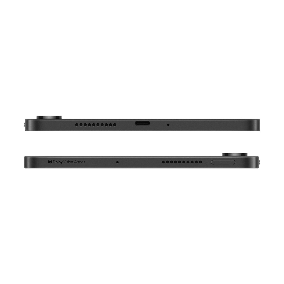 Bağlantı noktalarını, hoparlörleri ve Dolby Vision Atmos logosunu gösteren siyah bir tabletin iki yan görünümü.