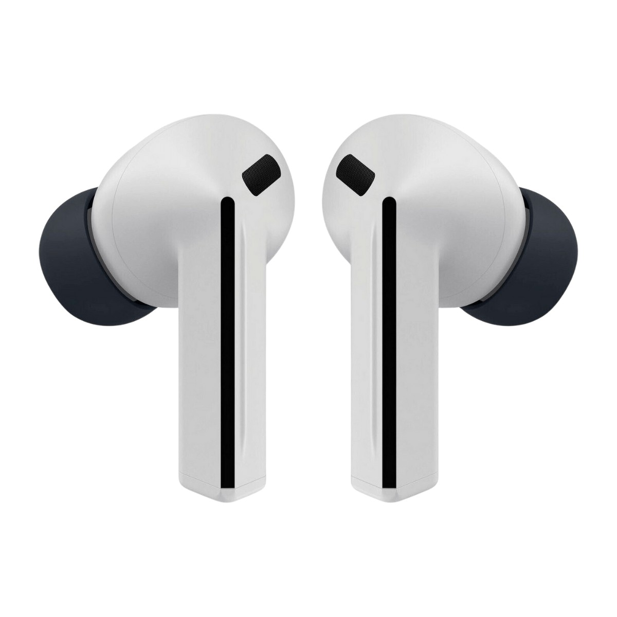 Due auricolari wireless bianchi con cuscinetti in silicone nero su sfondo bianco.