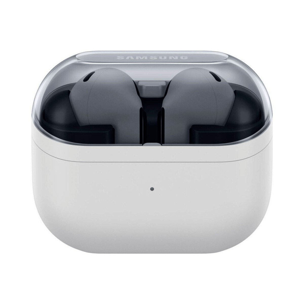 Auricolari wireless Samsung grigi in una custodia di carica bianca con coperchio trasparente su sfondo neutro.