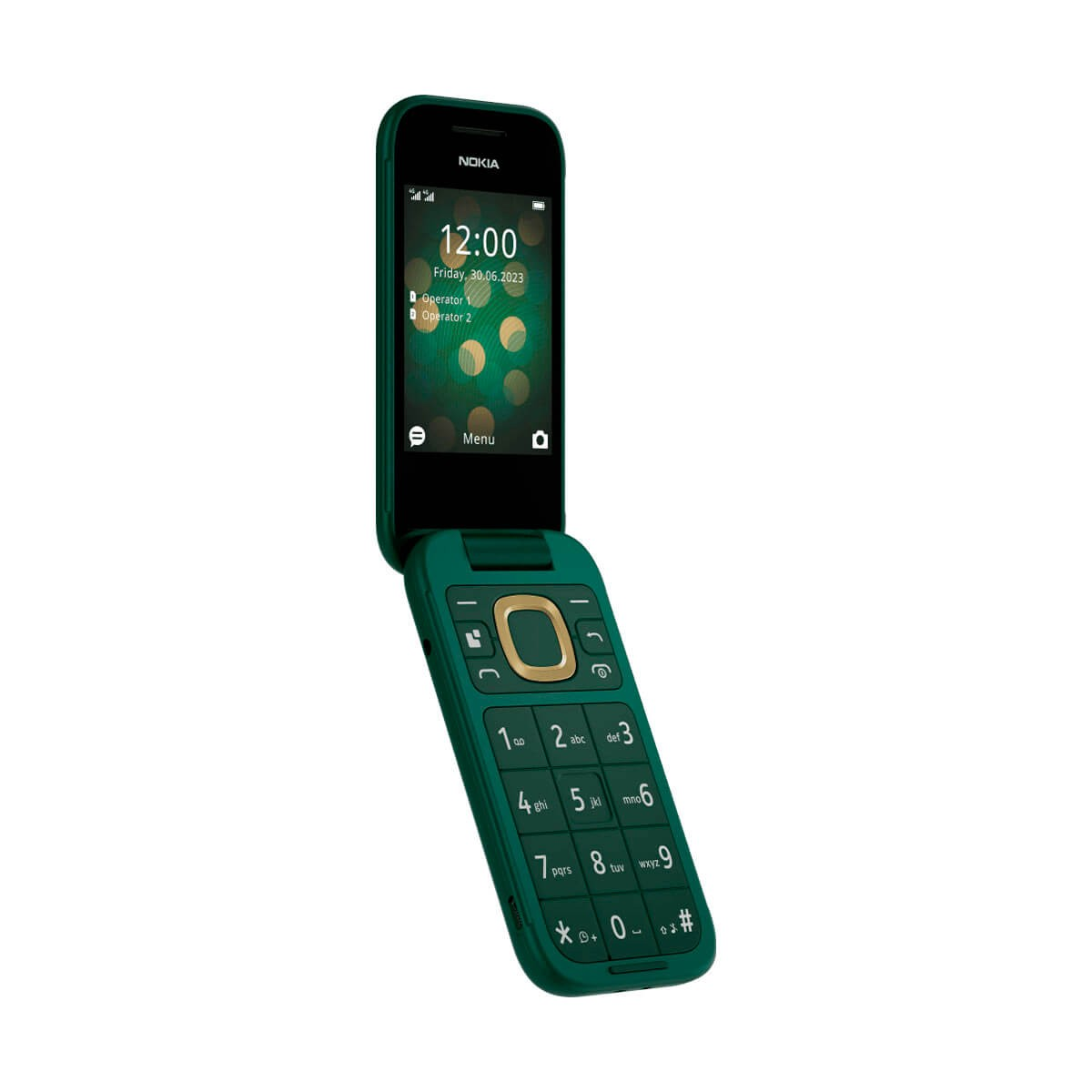Un telefono cellulare a conchiglia verde di Nokia è aperto su uno sfondo bianco, mostrando schermo e tastiera.