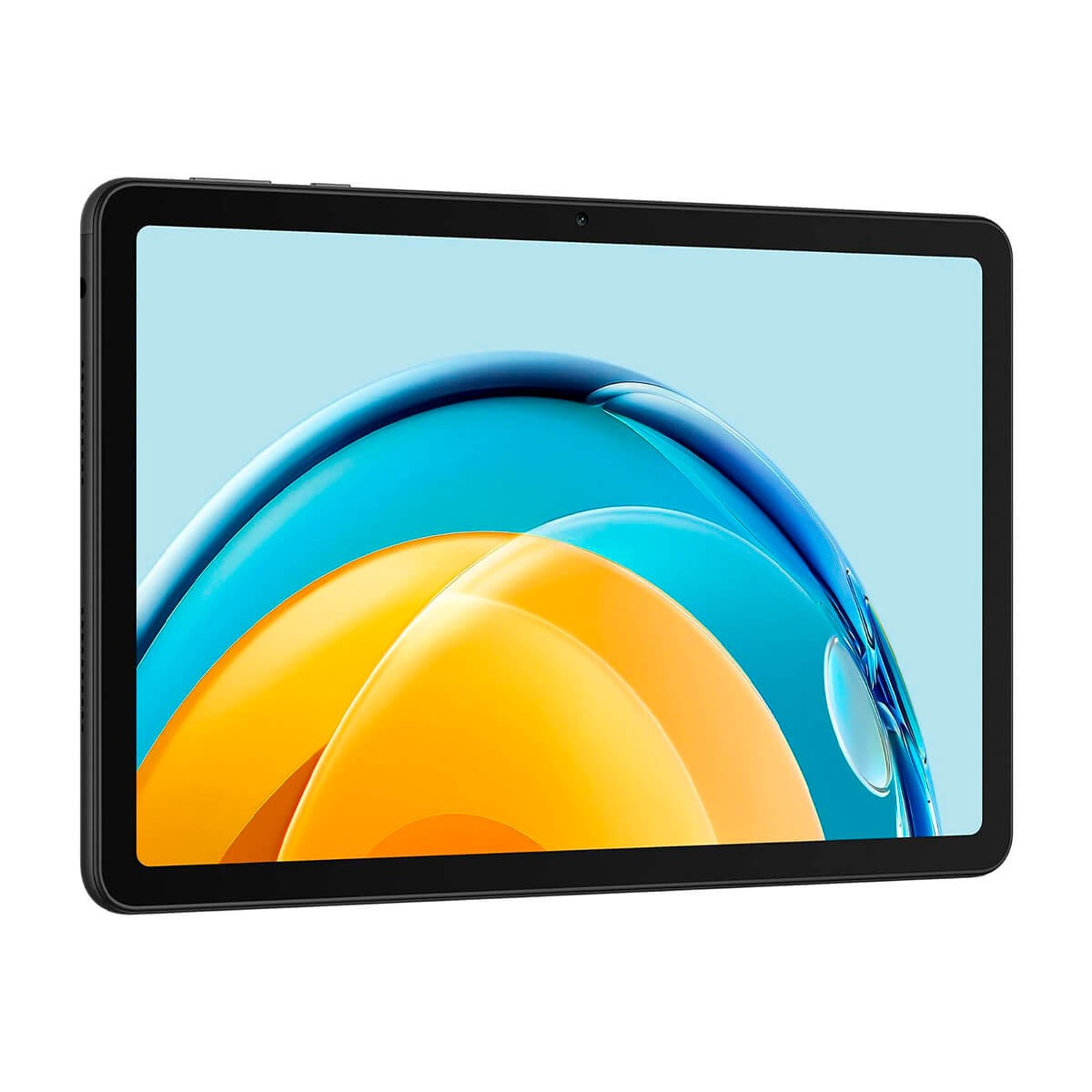 Ein schwarzes Tablet mit abgerundeten Ecken zeigt einen bunten, abstrakten Hintergrund in Blau und Gelb.