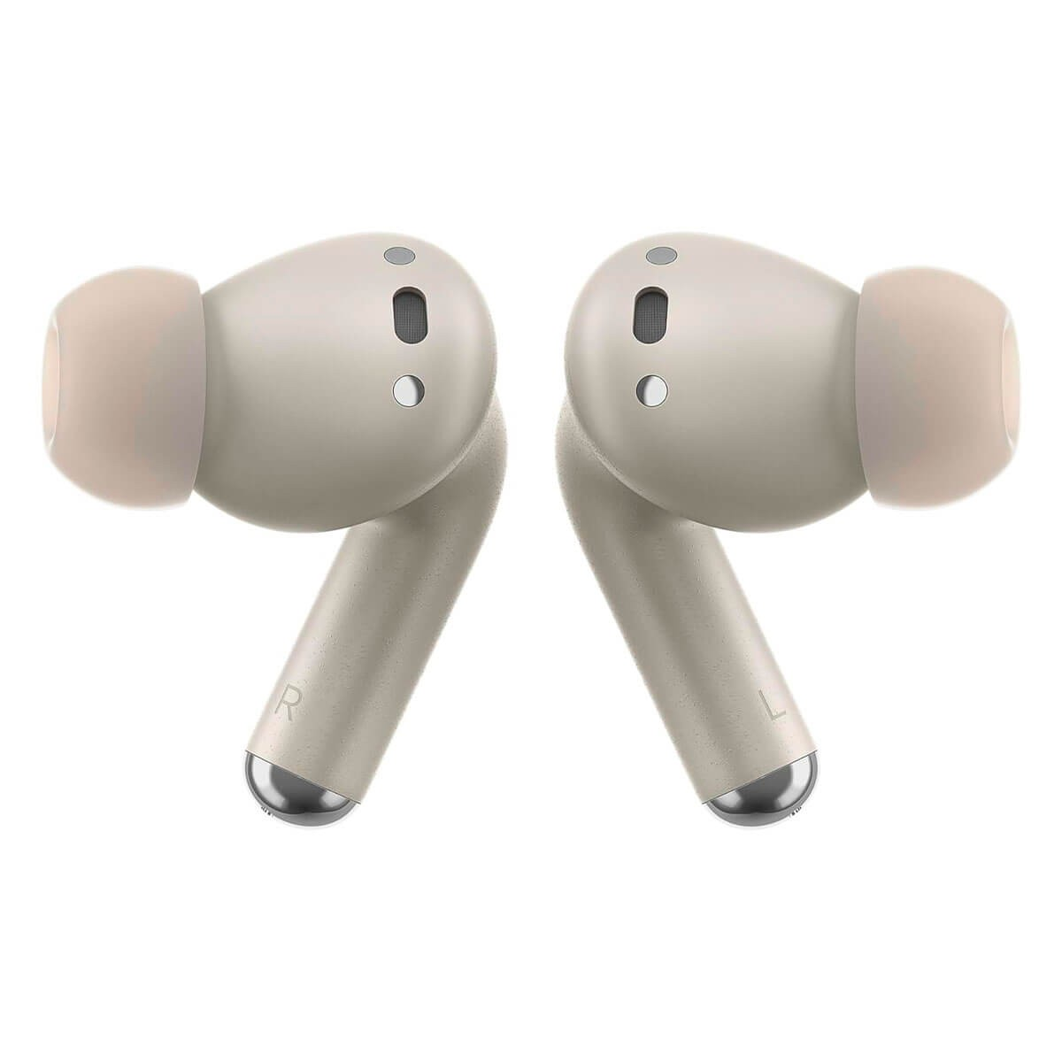 Beige kabellose In-Ear-Kopfhörer mit abgerundetem Design auf hellem Hintergrund.