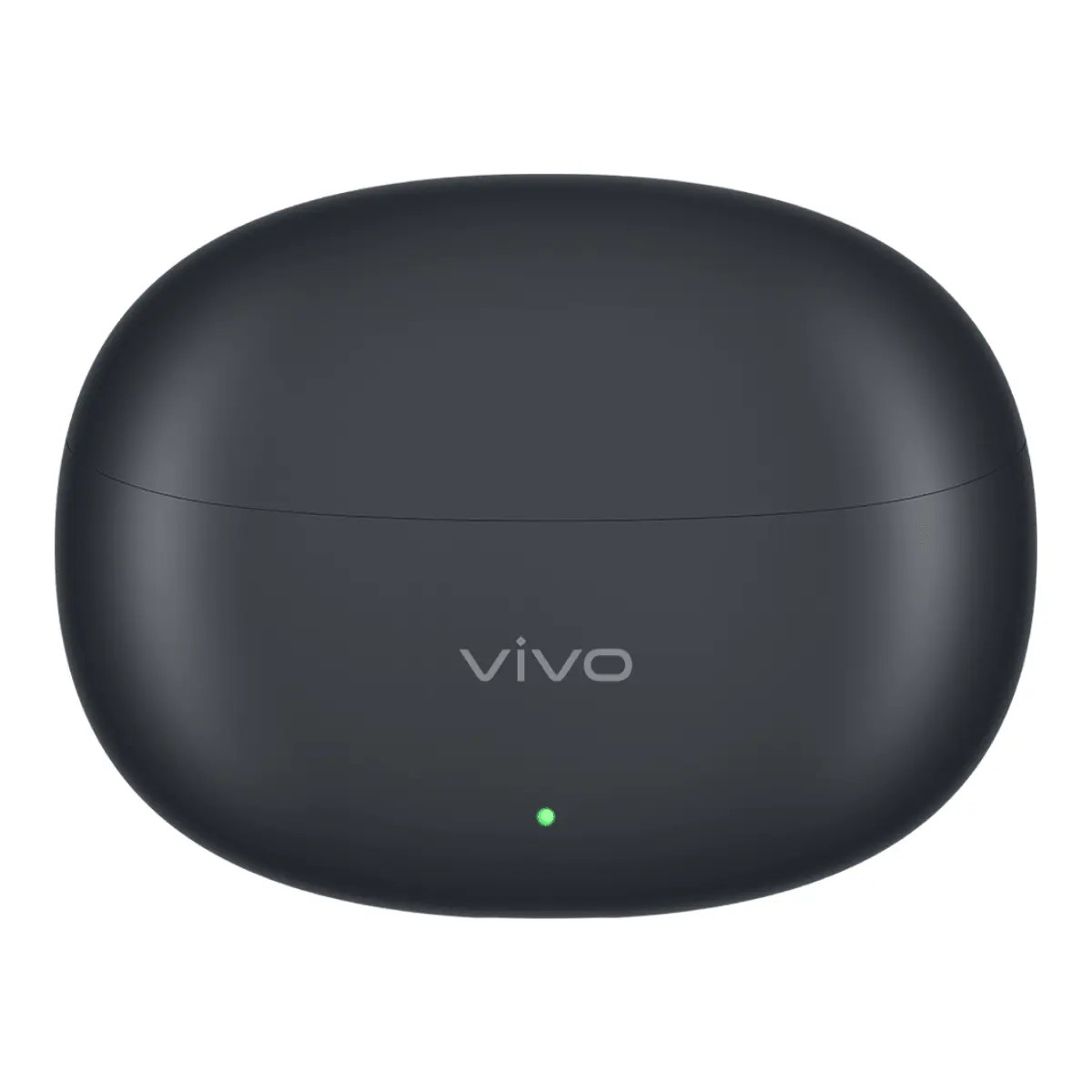 Ein geschlossenes, oval gefärbtes schwarzes Vivo-Ohrhörer-Etui mit einer kleinen grünen LED-Leuchte vorne.