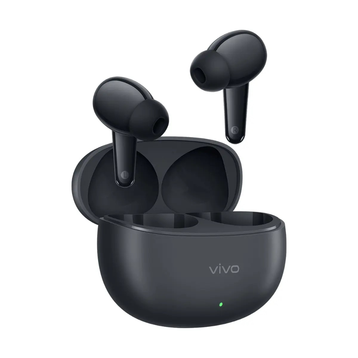 Schwarze Vivo True-Wireless-Ohrhörer schweben über ihrem geöffneten Ladeetui vor weißem Hintergrund.