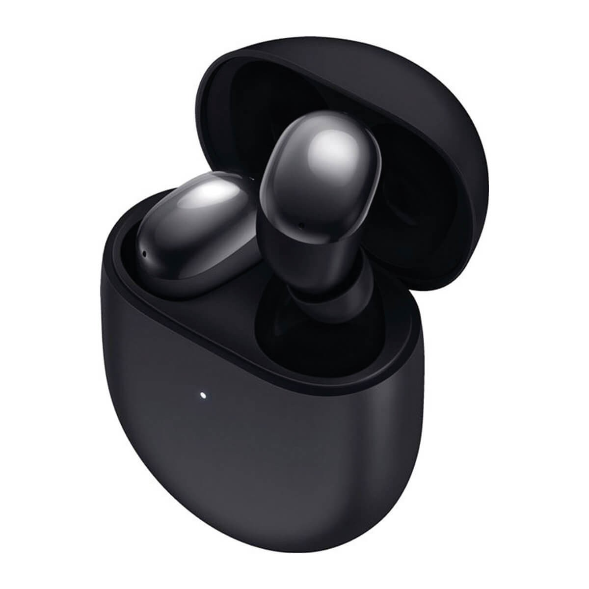 Un estuche de carga negro abierto muestra dos auriculares negros brillantes adentro sobre un fondo blanco.