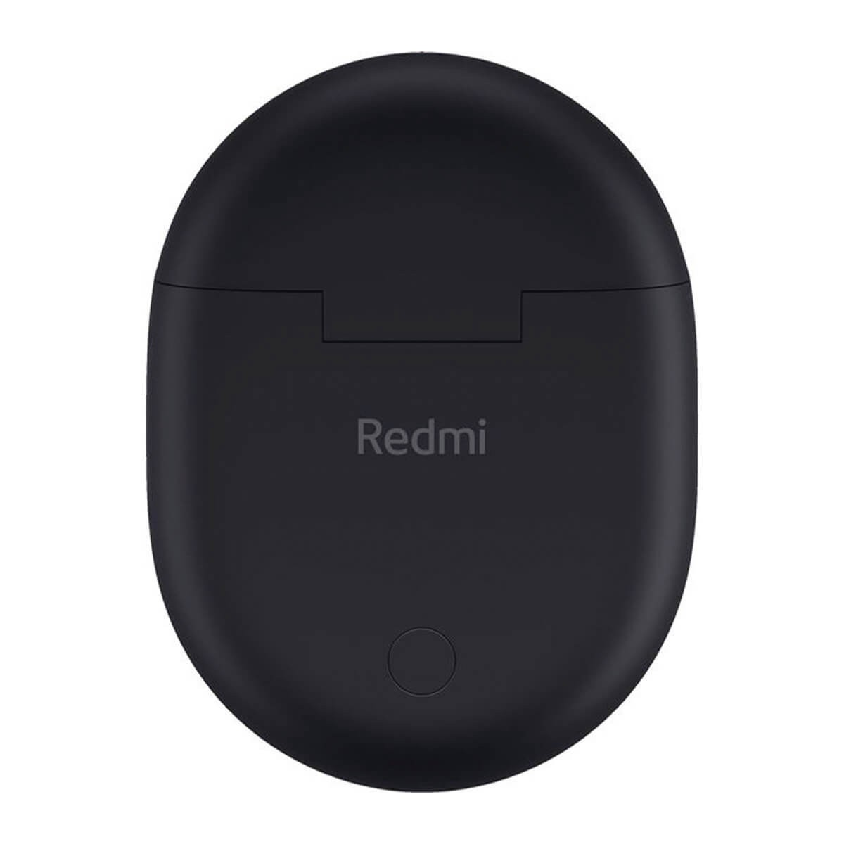 Un estuche de auriculares Redmi negro ovalado y cerrado con la marca y un indicador LED circular.
