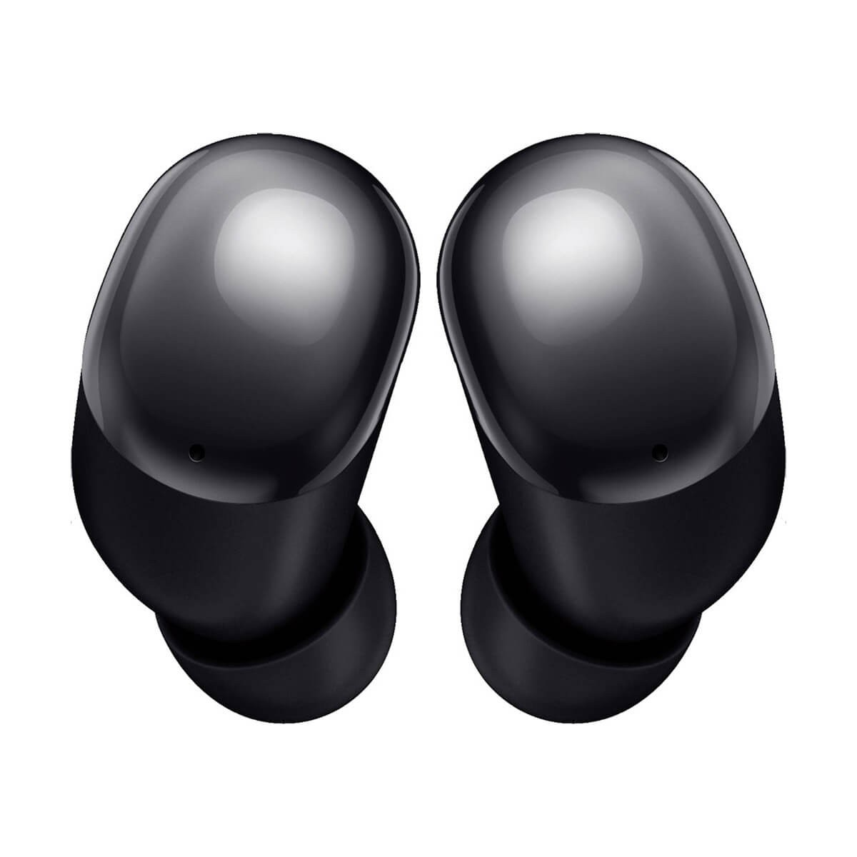 Dos auriculares inalambricos negros y brillantes sobre fondo blanco.