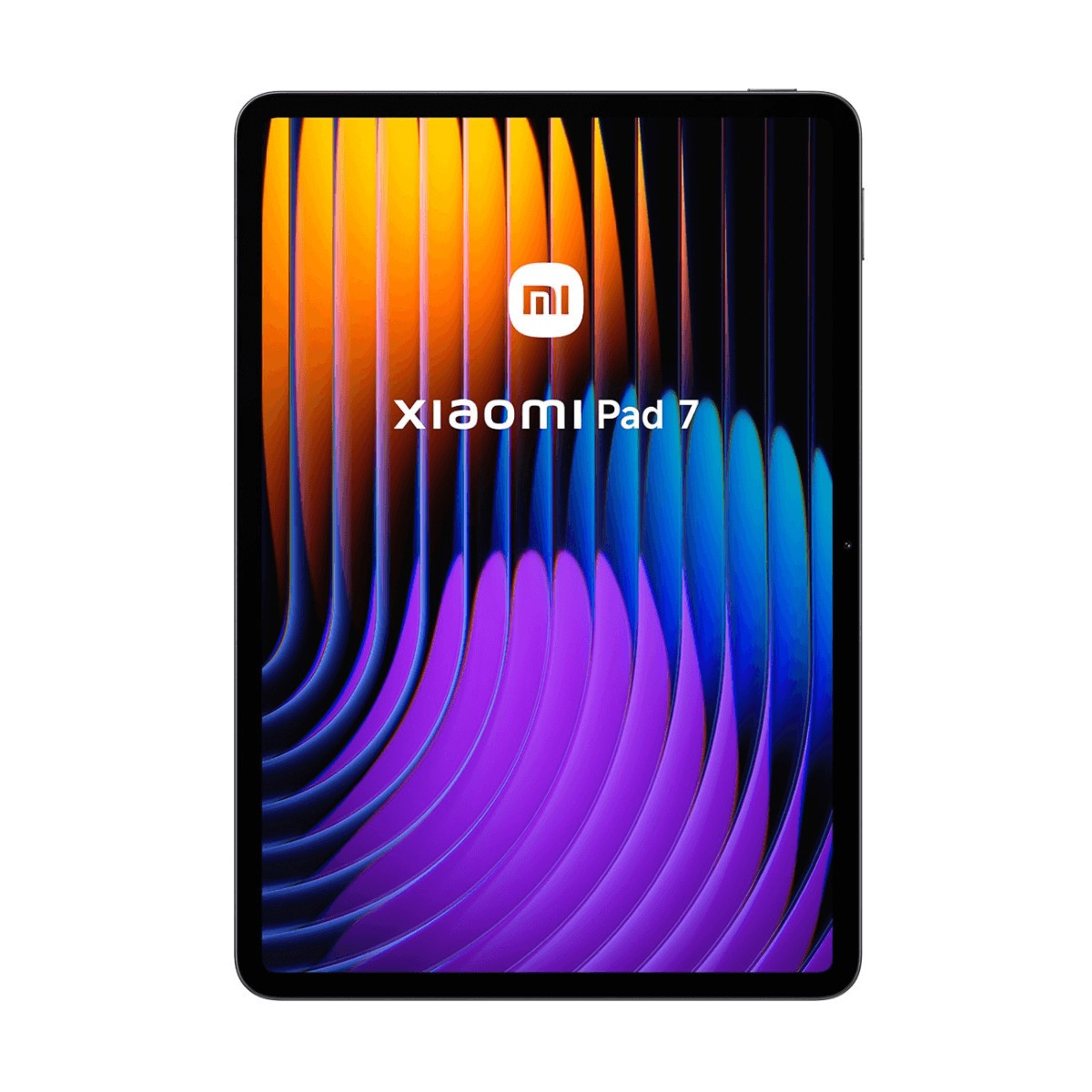 Tablet Xiaomi Pad 7 con sfondo astratto a onde arancioni, blu e viola su sfondo bianco.