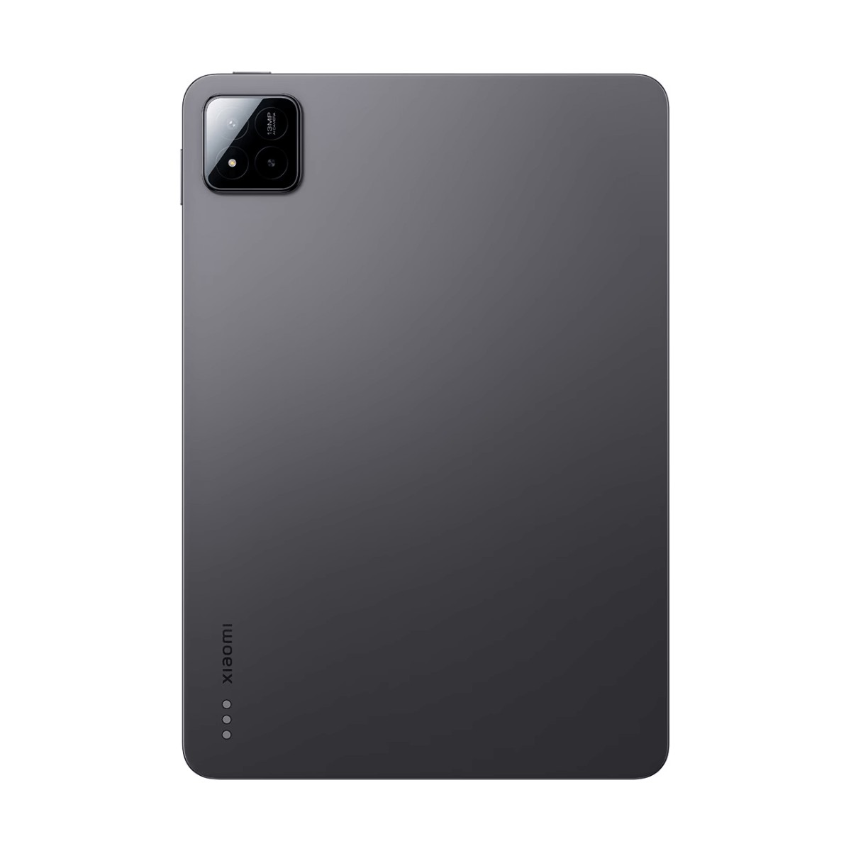 Il retro grigio di un tablet Xiaomi con un angolo della fotocamera rettangolare e tre piccoli punti in basso.