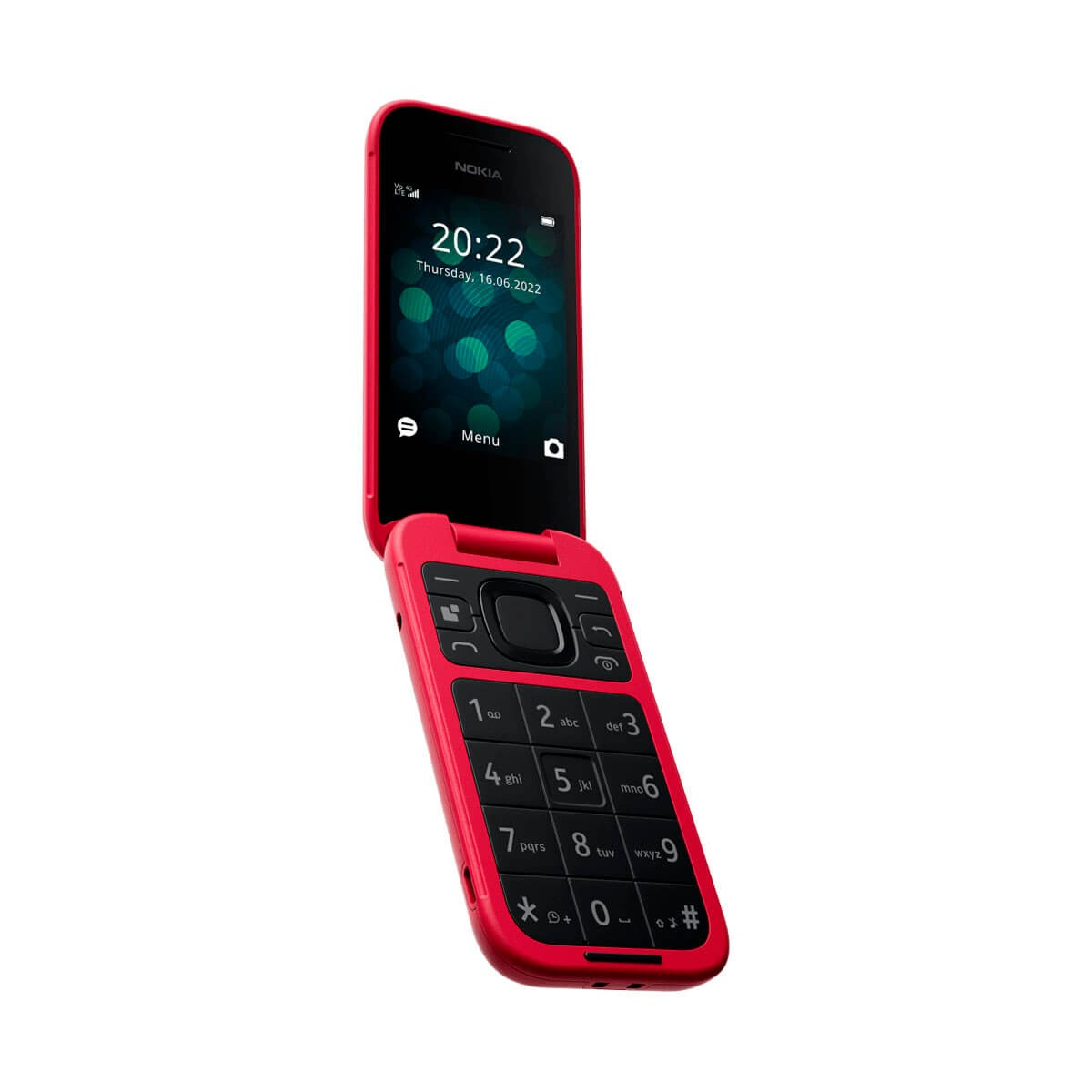 Un teléfono móvil de concha rojo de Nokia con pantalla iluminada y teclado negro sobre fondo blanco.