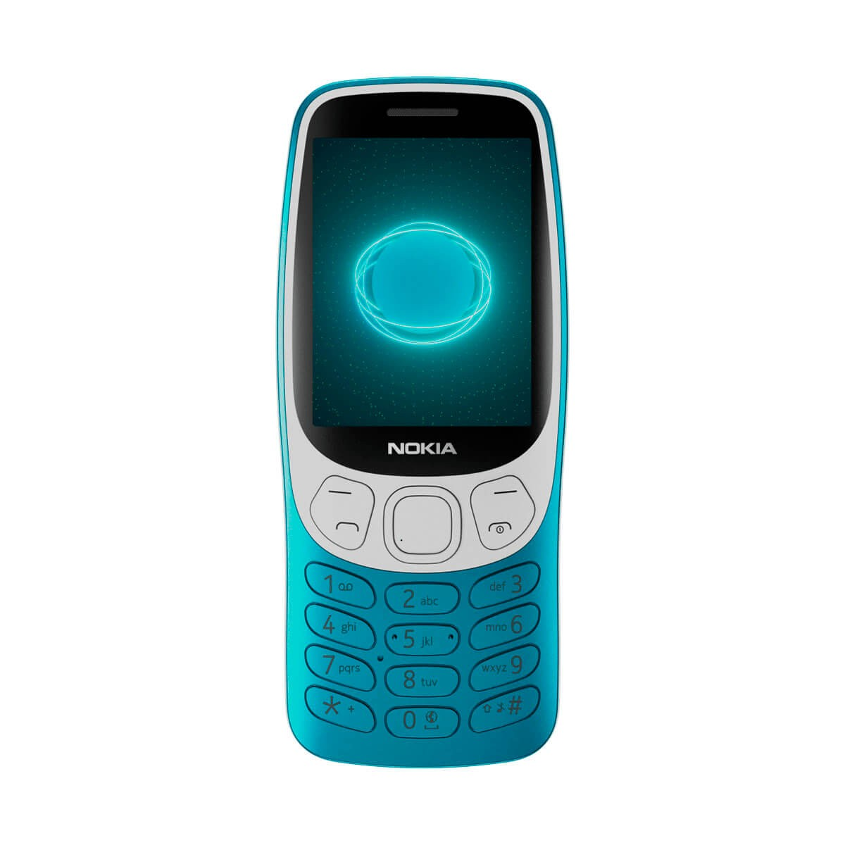 Ein blau-weißes Nokia-Tastenhandy mit einem runden Neonlicht auf dem Display vor weißem Hintergrund.