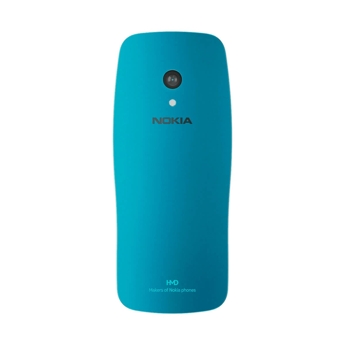 Rückseite eines cyanfarbenen Nokia-Handys mit Kamera, Blitz, Nokia-Logo und HMD-Inschrift.