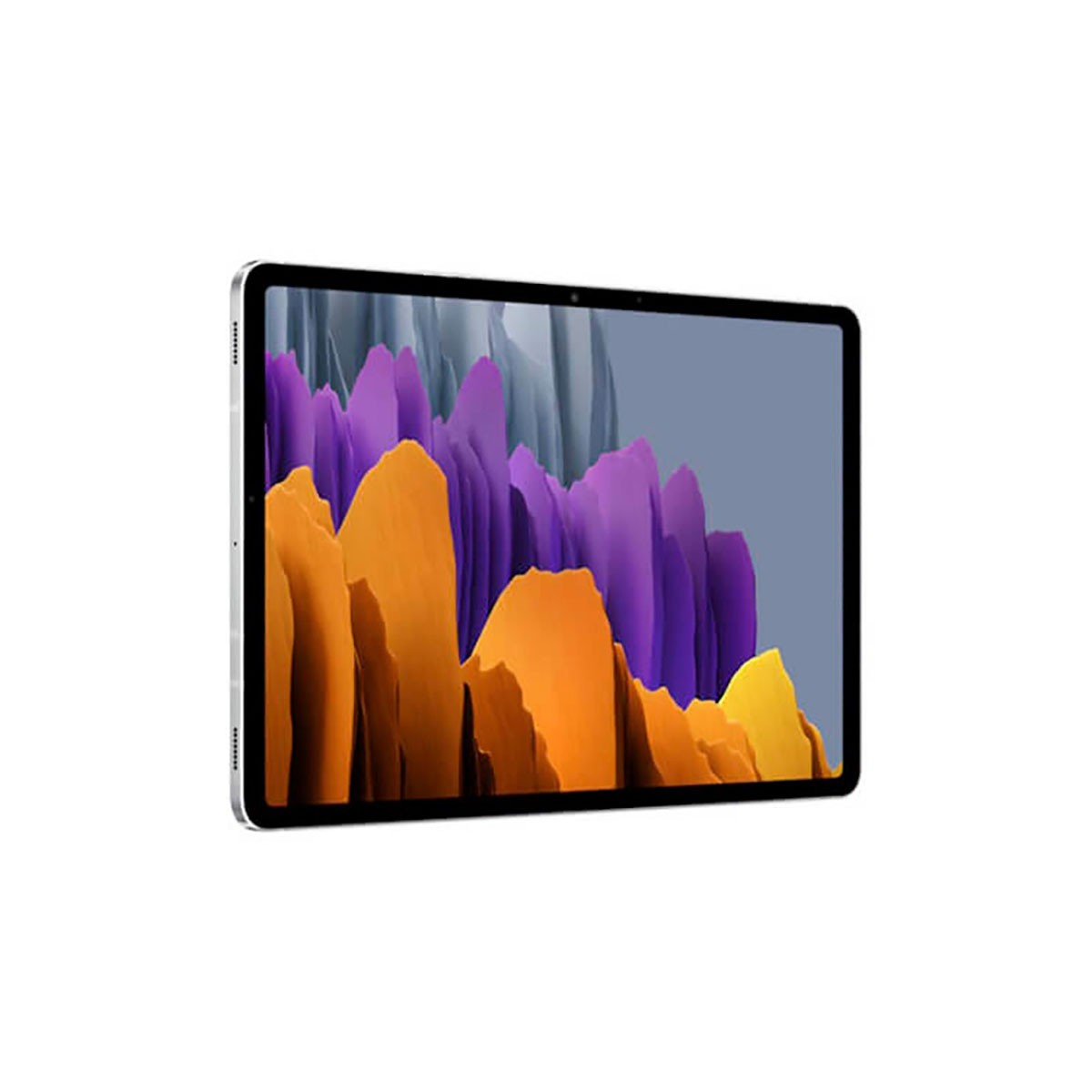 Ein Tablet mit schwarzem Rand zeigt ein buntes abstraktes Hintergrundbild mit lila und orangefarbenen Felsen.