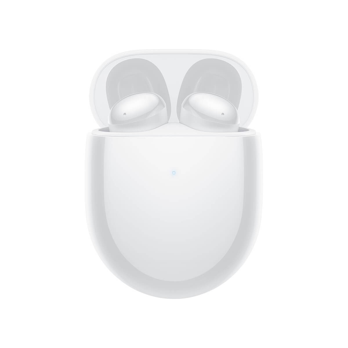 Custodia di ricarica bianca aperta con due auricolari wireless all'interno su sfondo chiaro.