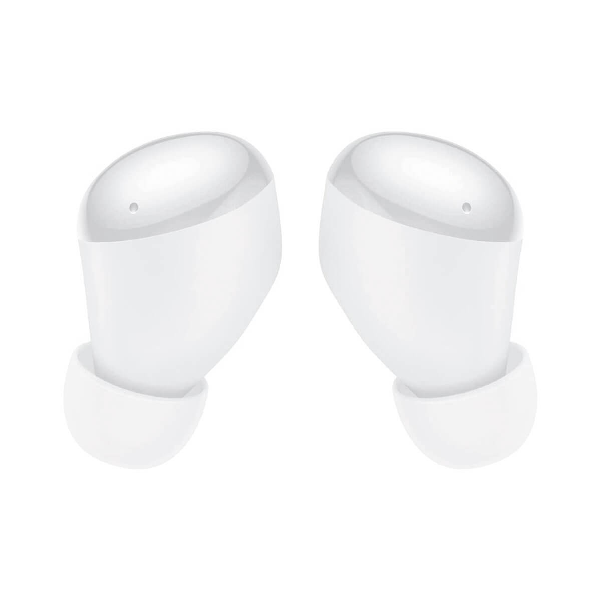 Due auricolari wireless bianchi dal design arrotondato su uno sfondo chiaro.