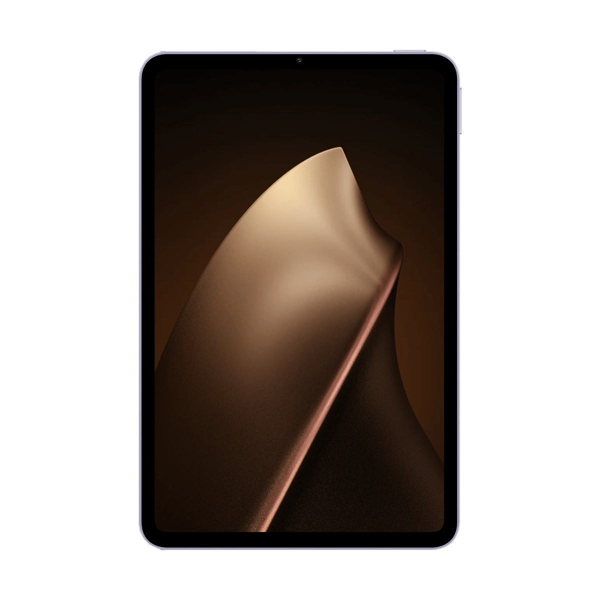 Un tablet con un design astratto marrone e dorato sullo schermo su sfondo bianco.