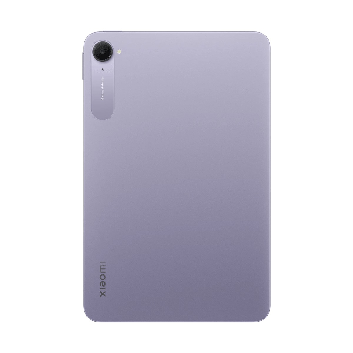 Vista posteriore di un tablet viola chiaro con una singola lente della fotocamera, flash e logo Xiaomi in basso.