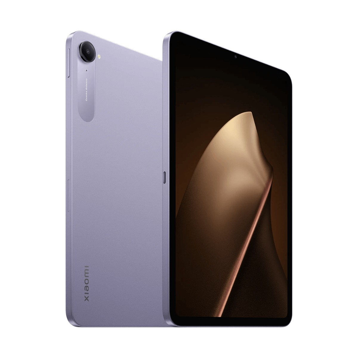 Un tablet Xiaomi viola mostra un design marrone astratto sullo schermo.