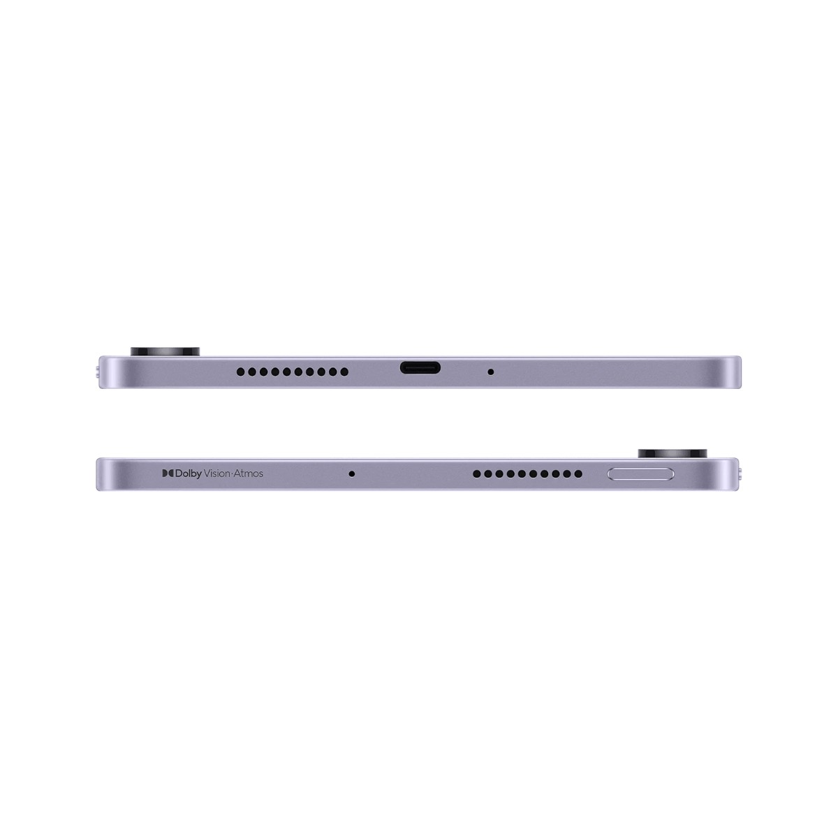 Due viste del sottile bordo grigio di un tablet con altoparlanti, una porta USB-C e il logo Dolby Vision Atmos.