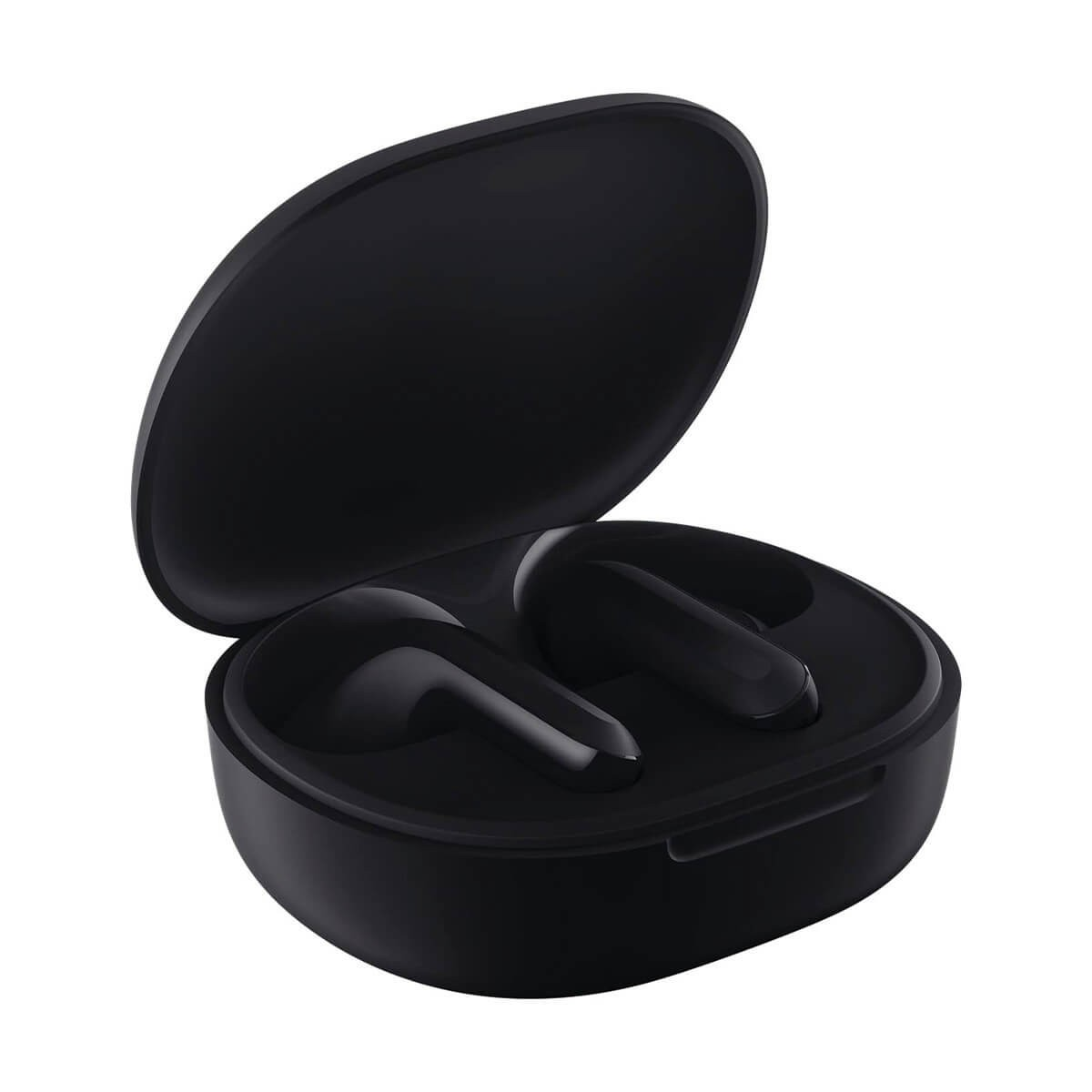 Una custodia di ricarica nera aperta con due auricolari wireless su sfondo bianco.