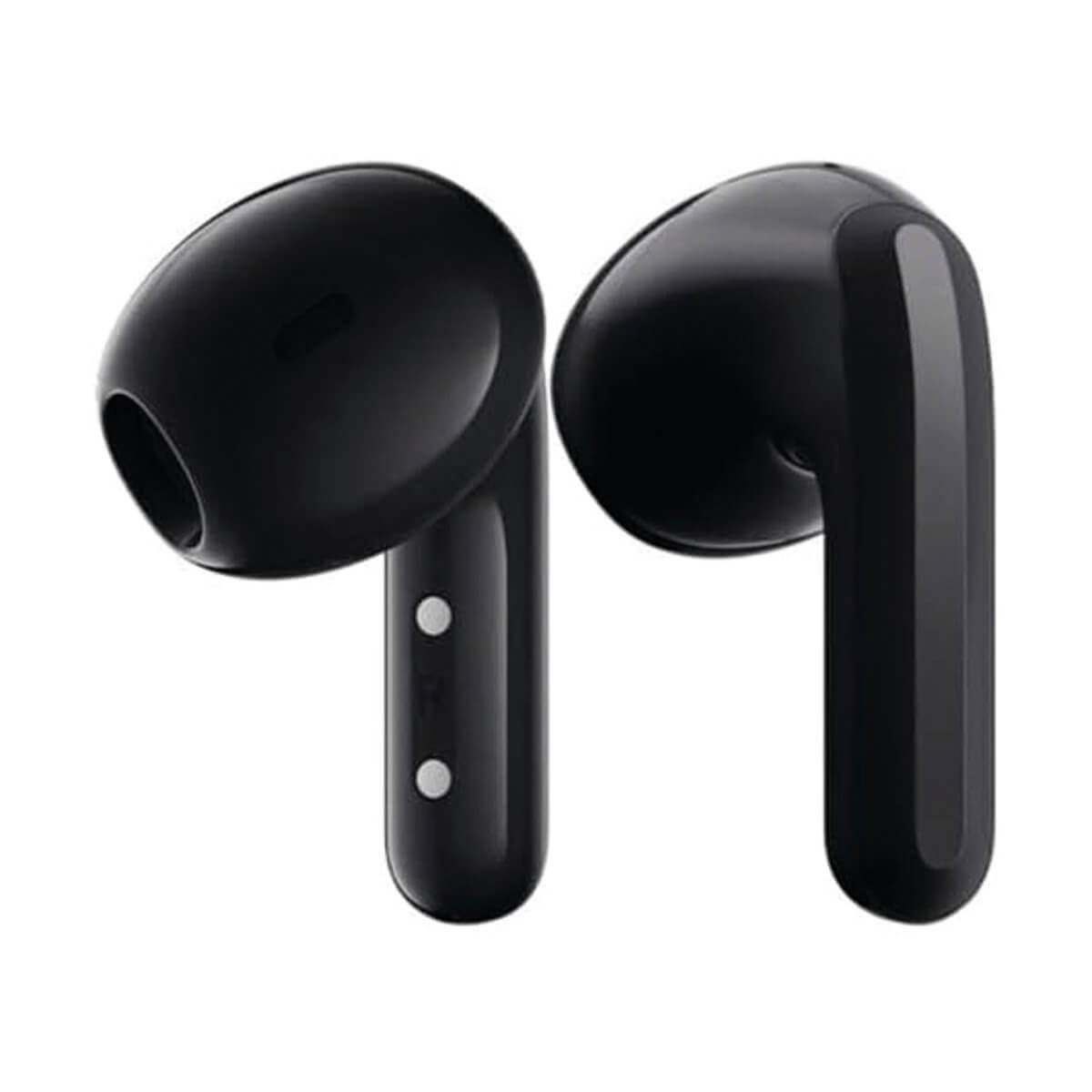 Due auricolari wireless neri su uno sfondo bianco.