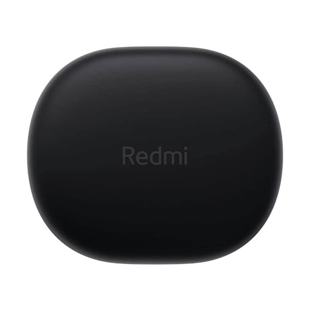 Una custodia di ricarica ovale e nera per auricolari wireless Redmi su sfondo bianco.