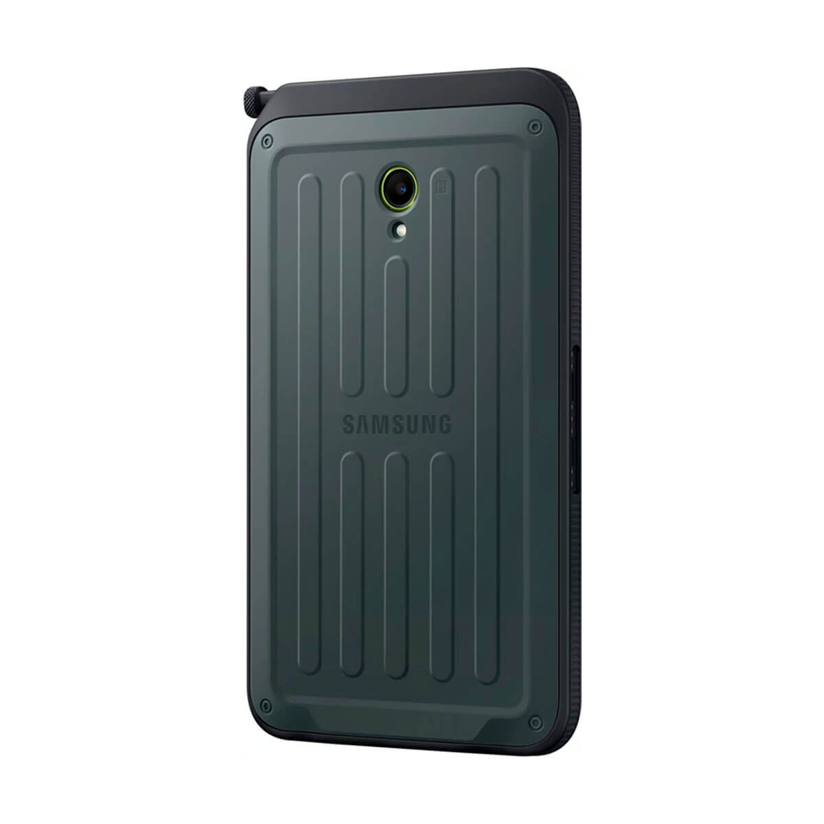 Retro di uno smartphone Samsung verde scuro con custodia robusta, scanalature verticali e pennino integrato.