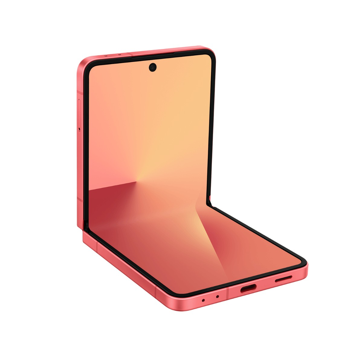 Un smartphone pliable rose est partiellement ouvert, affichant un écran dégradé orange et rose chaleureux.