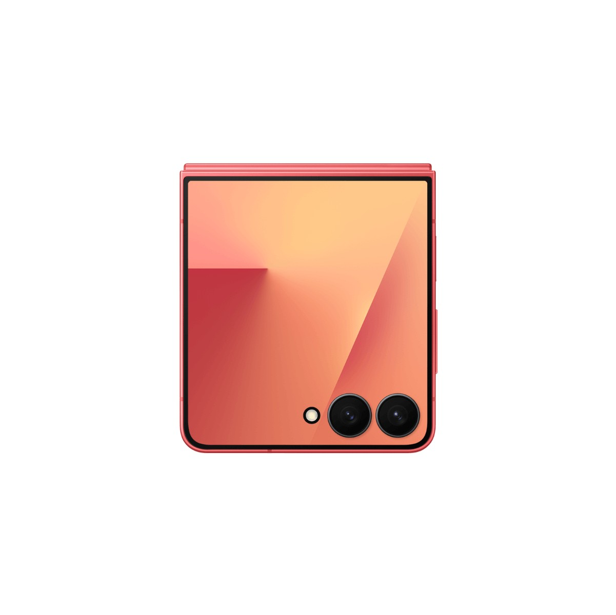 Un smartphone pliable rose fermé avec écran dégradé corail et deux caméras arrière sur fond blanc.