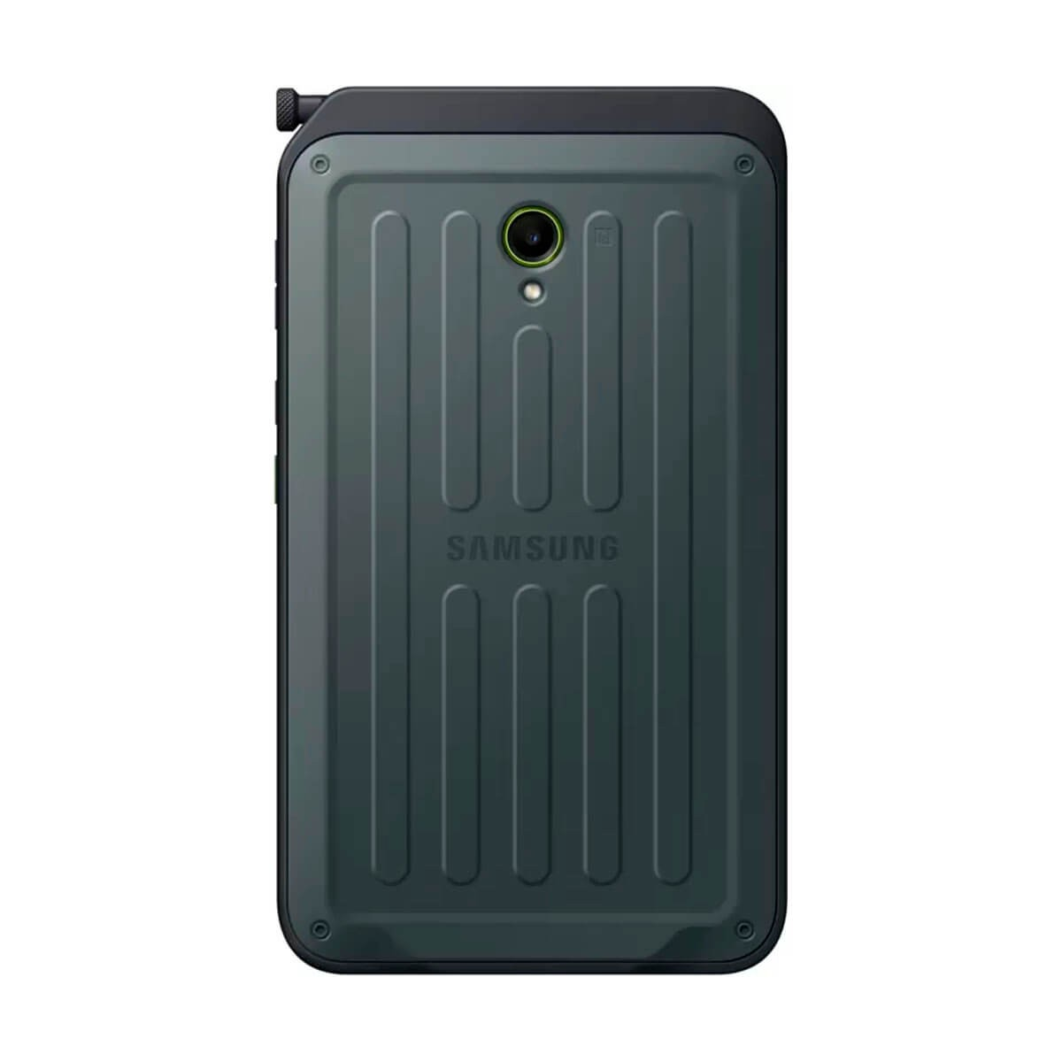 Retro di uno smartphone Samsung verde scuro con custodia robusta, scanalature verticali e fotocamera.