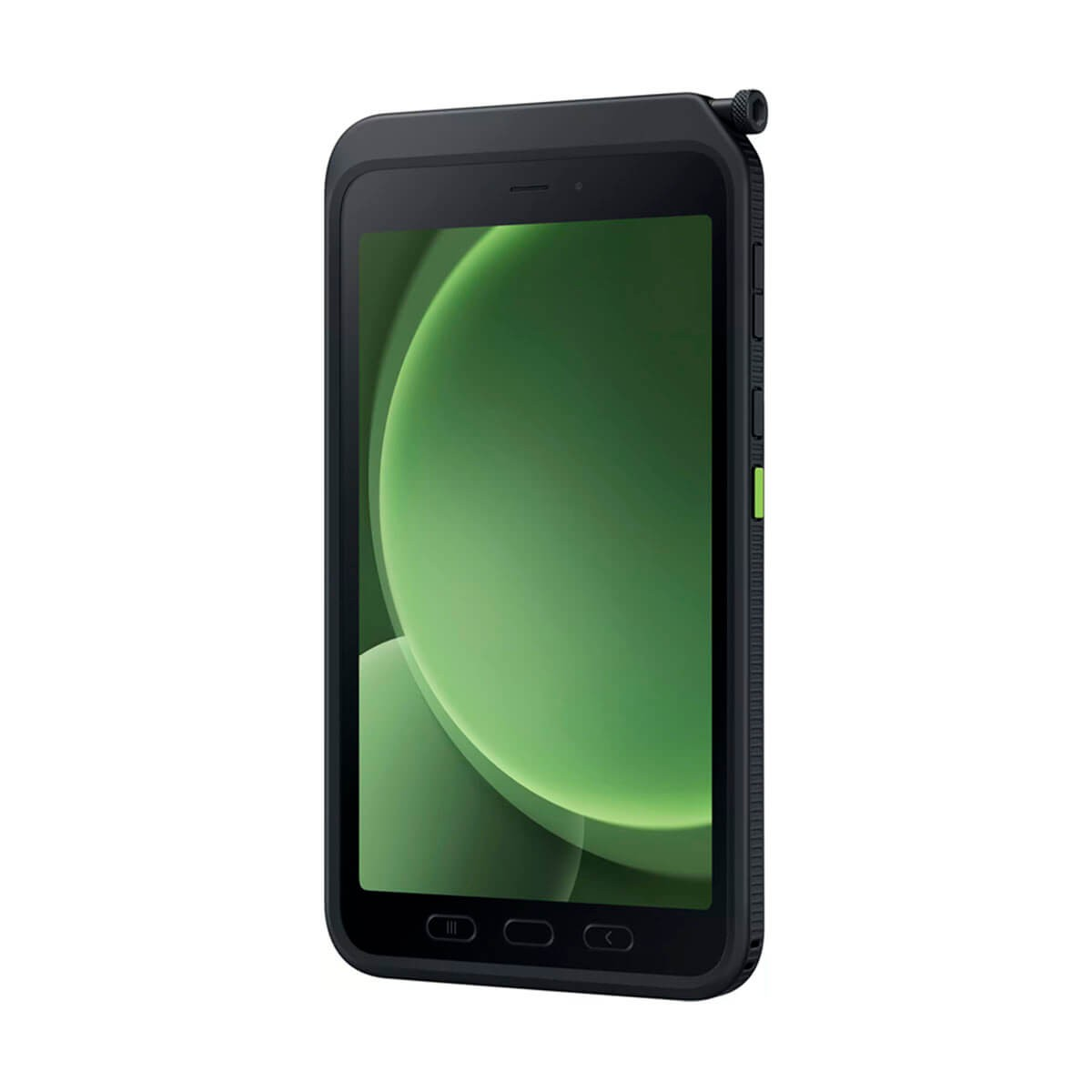 Uno smartphone nero robusto con uno sfondo astratto verde sullo schermo e pulsanti di navigazione fisici in basso.