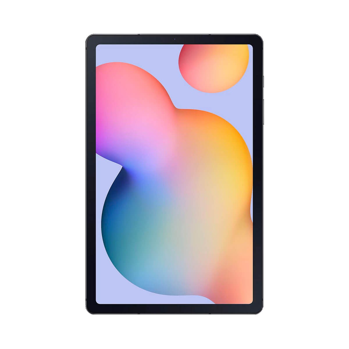 Un tablet nero con uno sfondo astratto color pastello che mostra forme rosa, arancioni e blu.