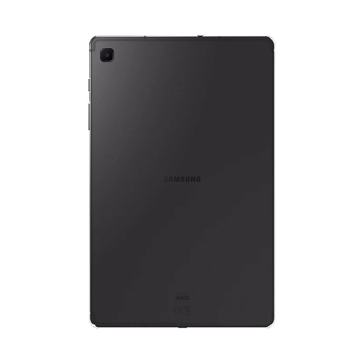 Retro di un tablet Samsung nero con fotocamera in alto a sinistra e logo Samsung al centro.