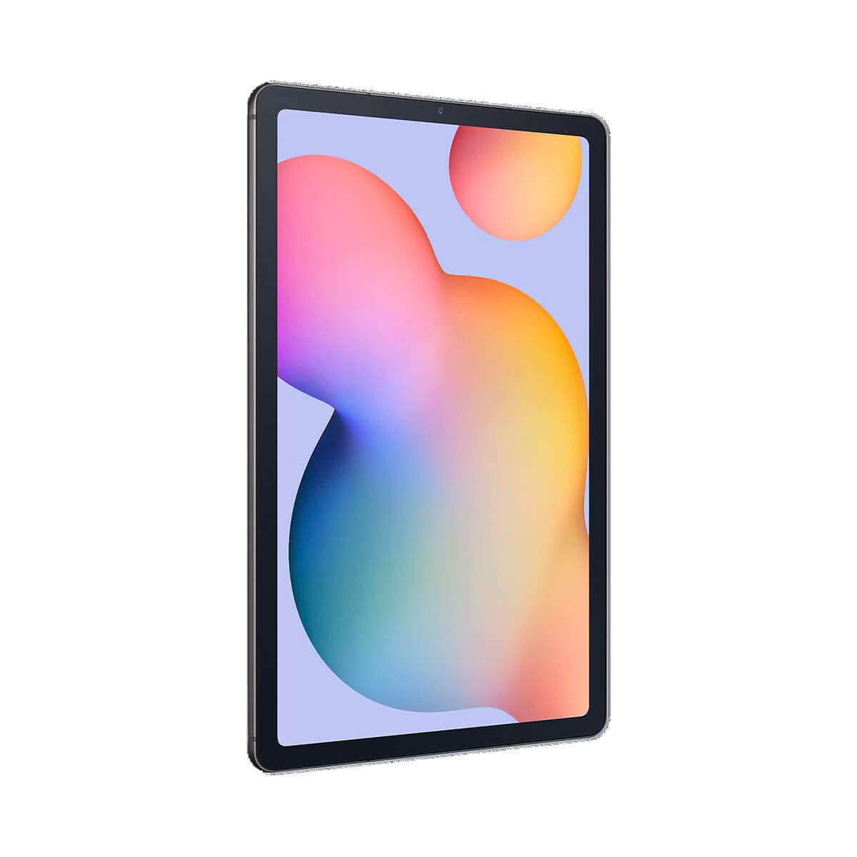 Un tablet nero mostra sullo schermo uno sfondo astratto e colorato con sfumature di rosa, arancione e blu.