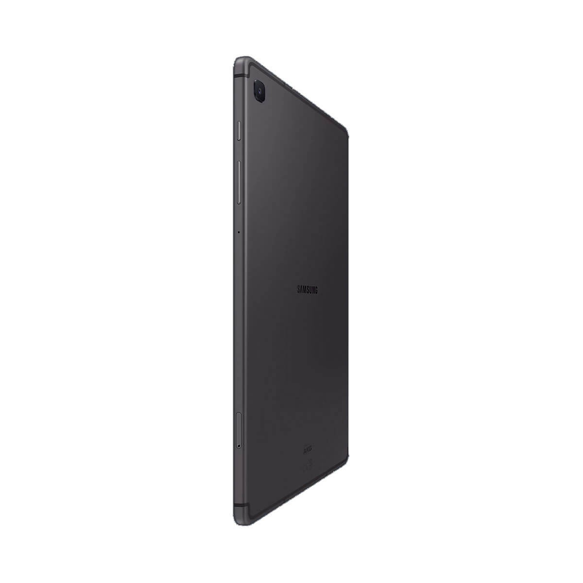 Tablet Samsung grigio scuro, fotografato di sbieco da dietro su sfondo chiaro.