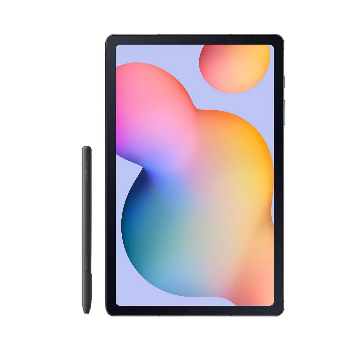 Un tablet nero con uno sfondo astratto colorato e una penna stilo grigia abbinata su sfondo bianco.