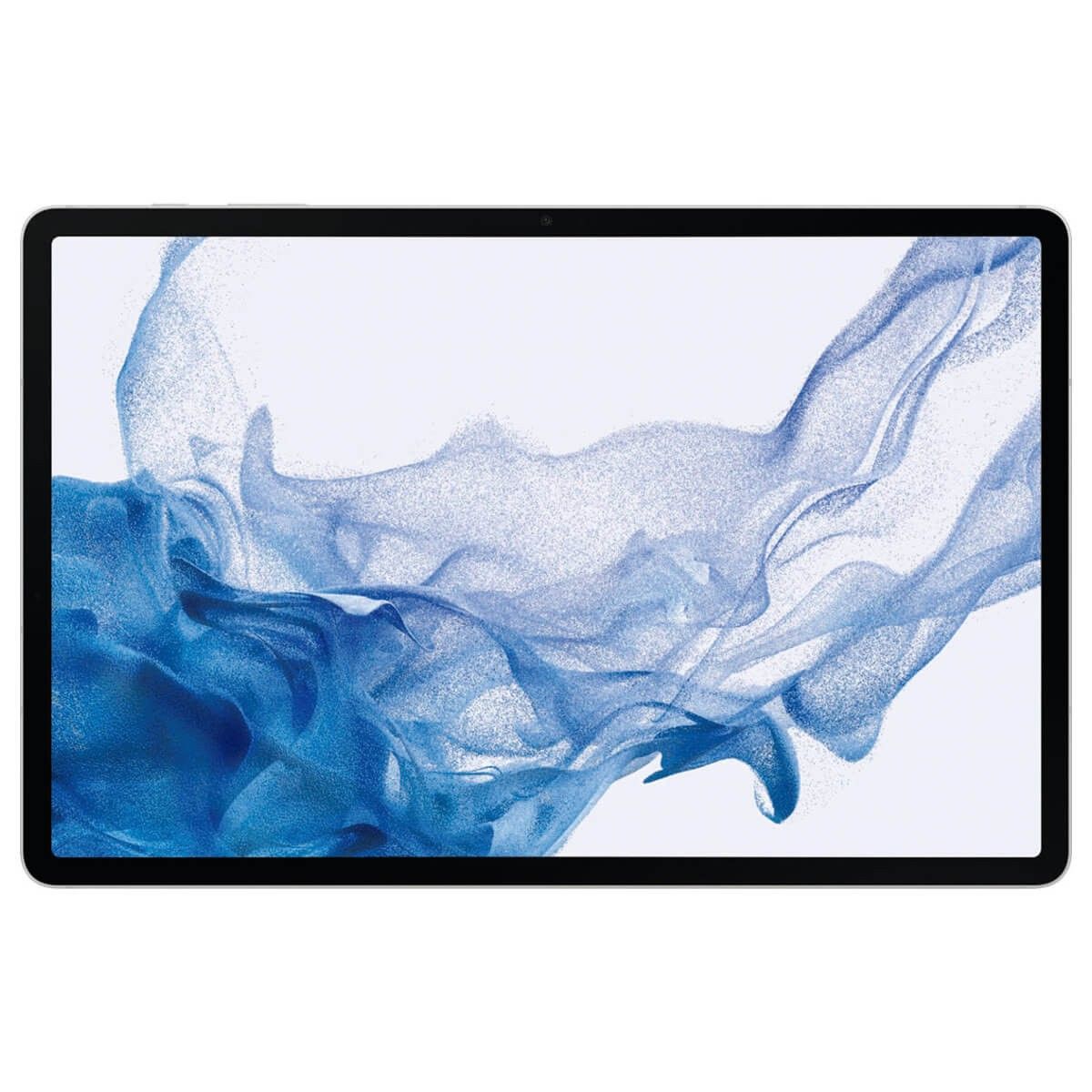Un tablet con sfondo bianco mostra sullo schermo un'onda blu astratta di sabbia o acqua.