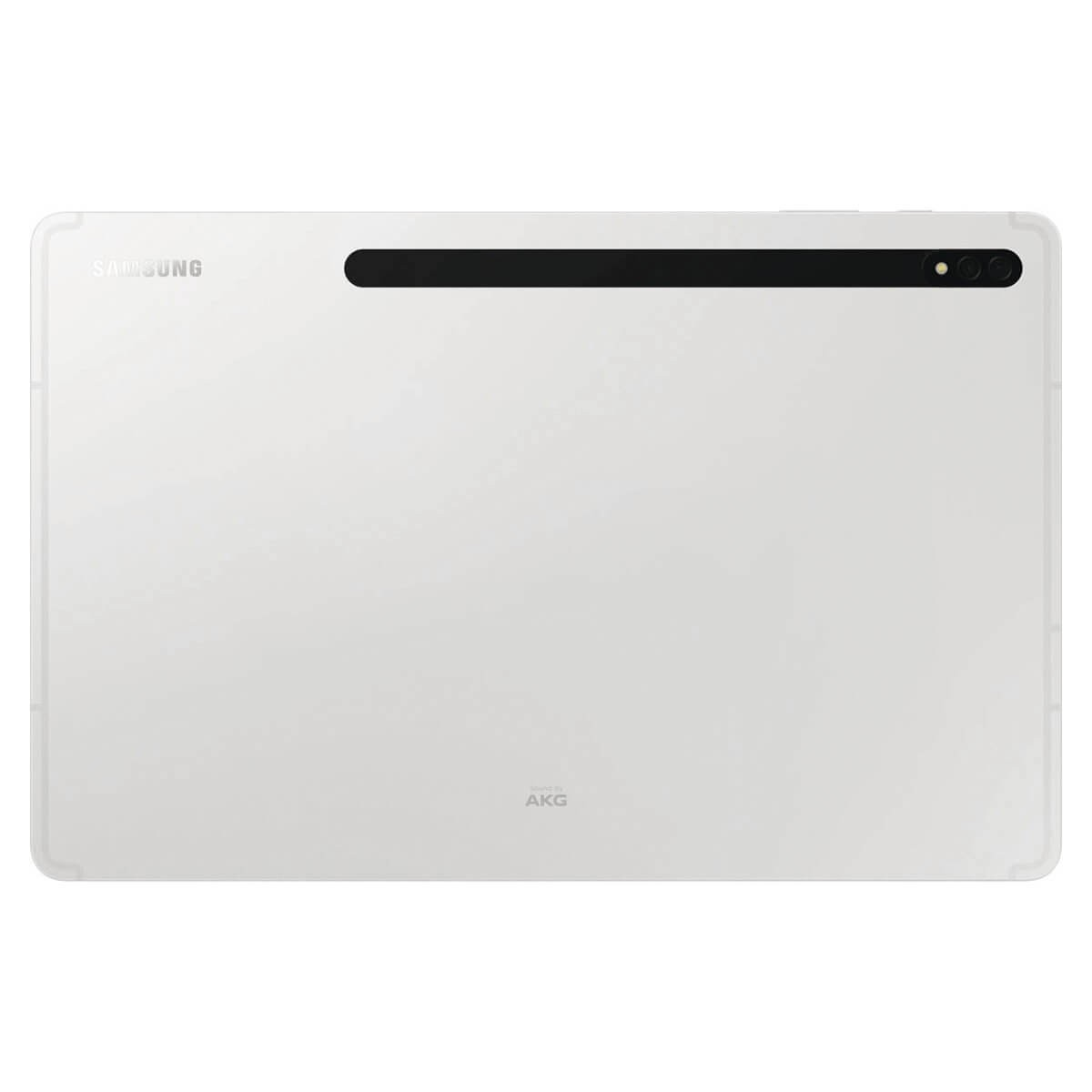 Vista posteriore di un tablet Samsung argento con doppia fotocamera e striscia magnetica.