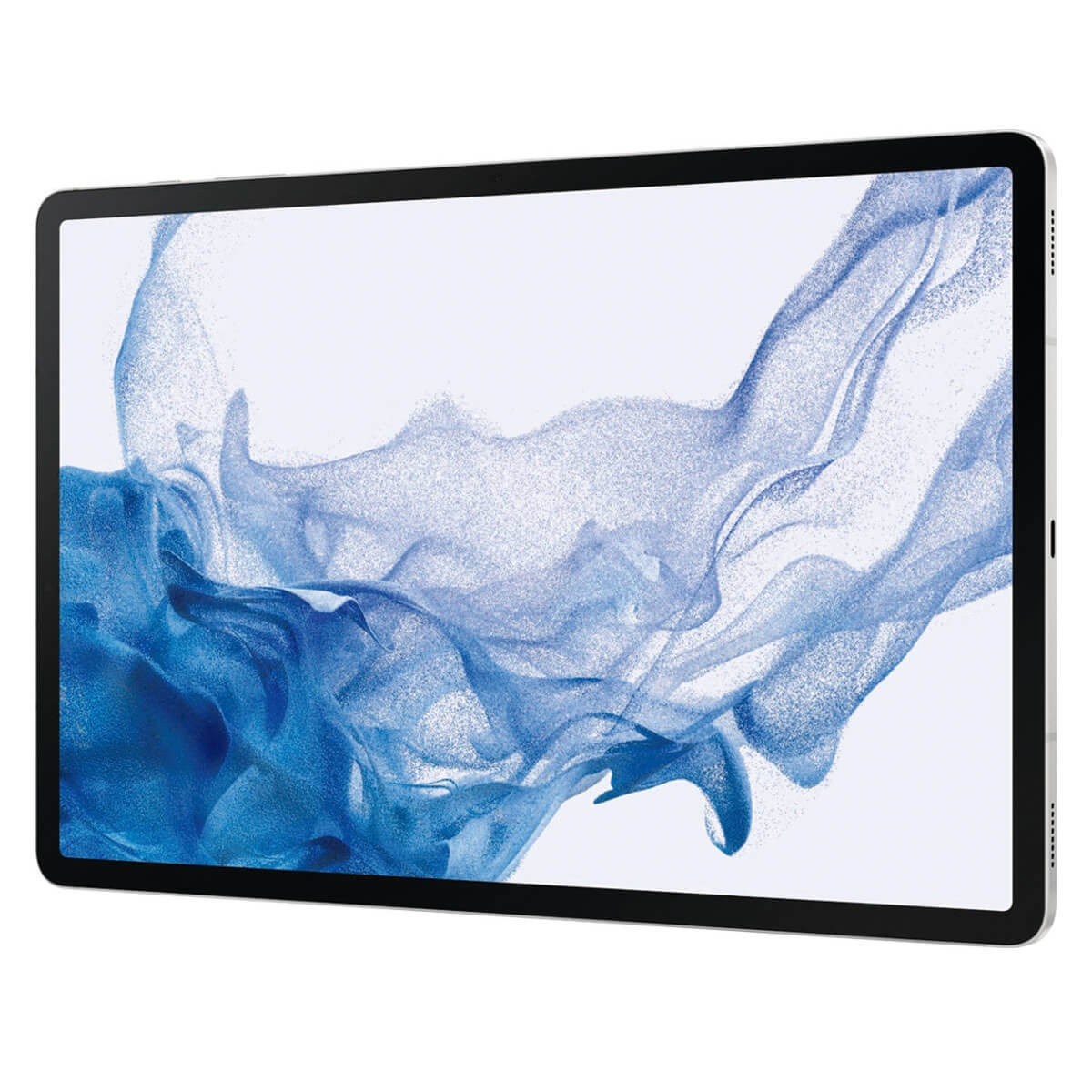 Un tablet argentato con una cornice sottile mostra sullo schermo un motivo astratto di nuvole o onde blu.