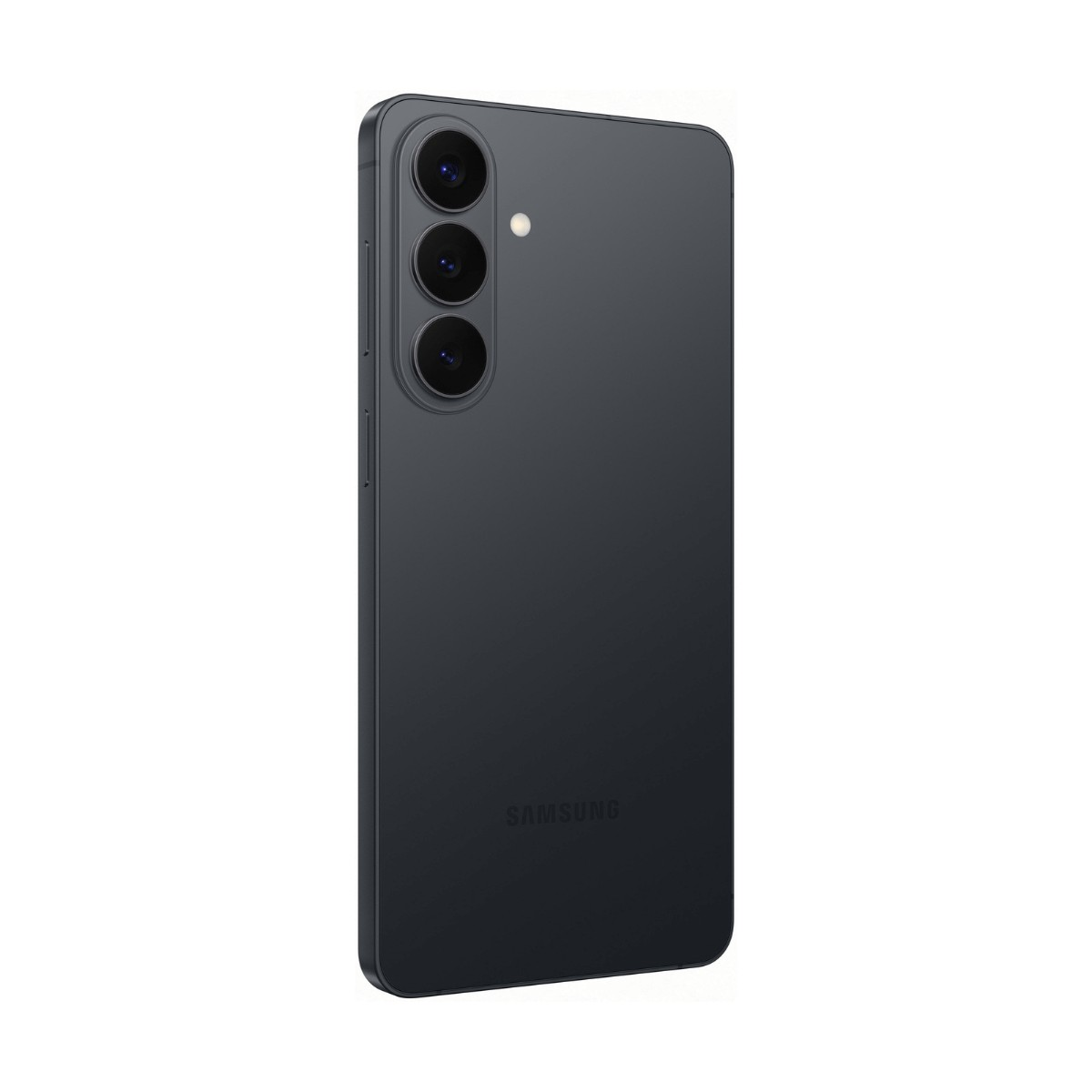 Back of a dark smartphone with a vertical triple camera and Samsung logo.