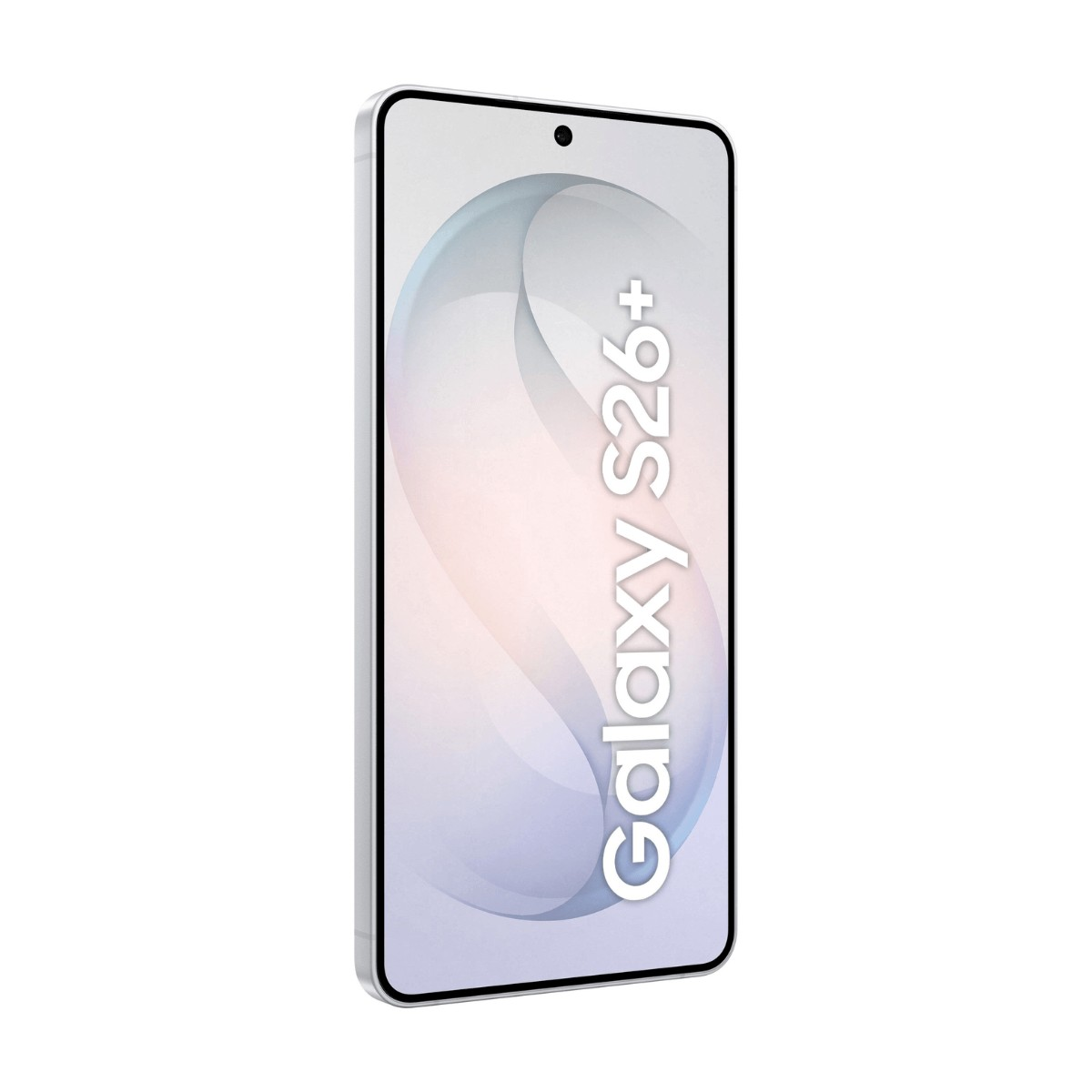 Smartphone mit hellem Display und der Aufschrift Galaxy S26+ vor weißem Hintergrund.