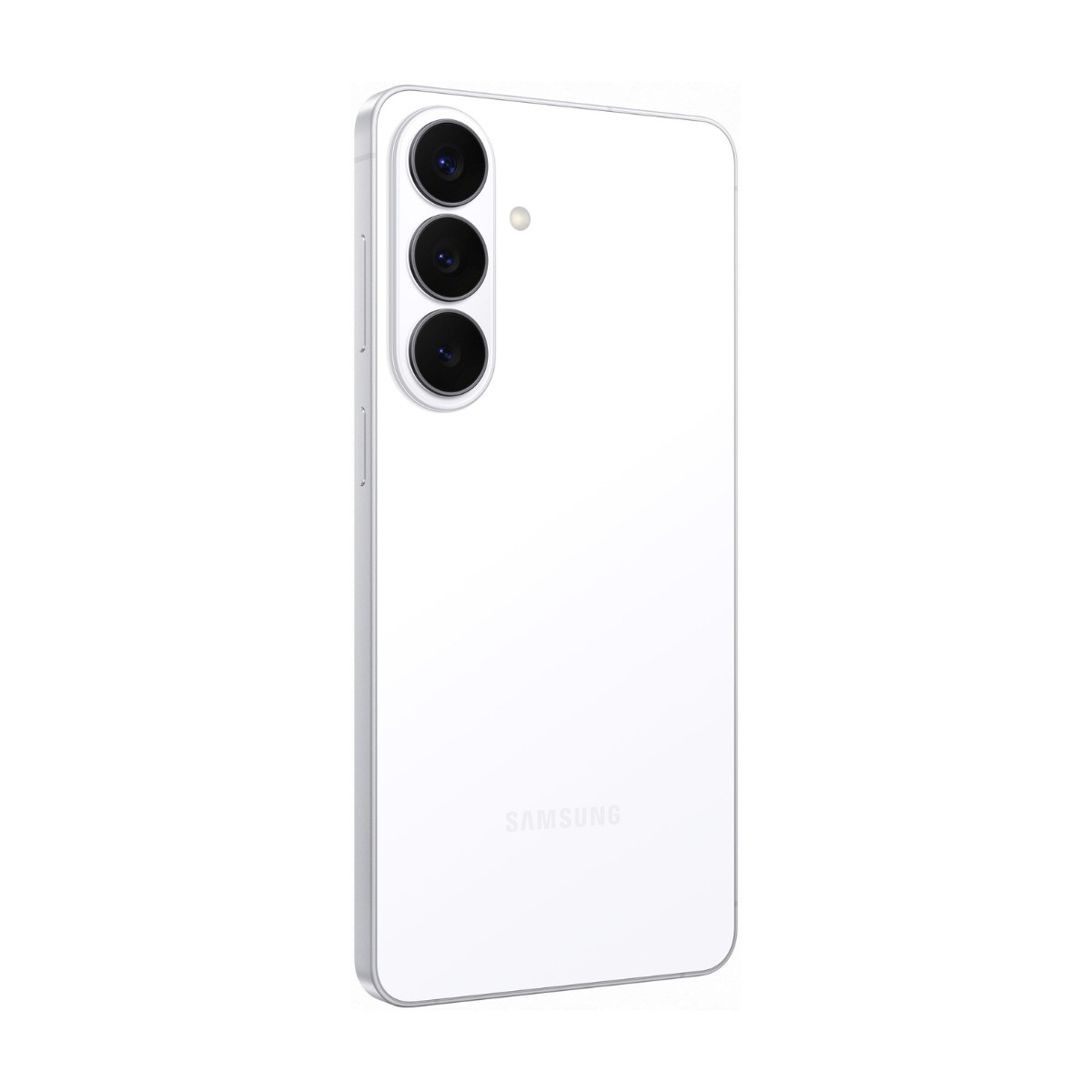 Weißes Samsung-Smartphone von hinten mit drei vertikalen Kameralinsen und dem Samsung-Logo.