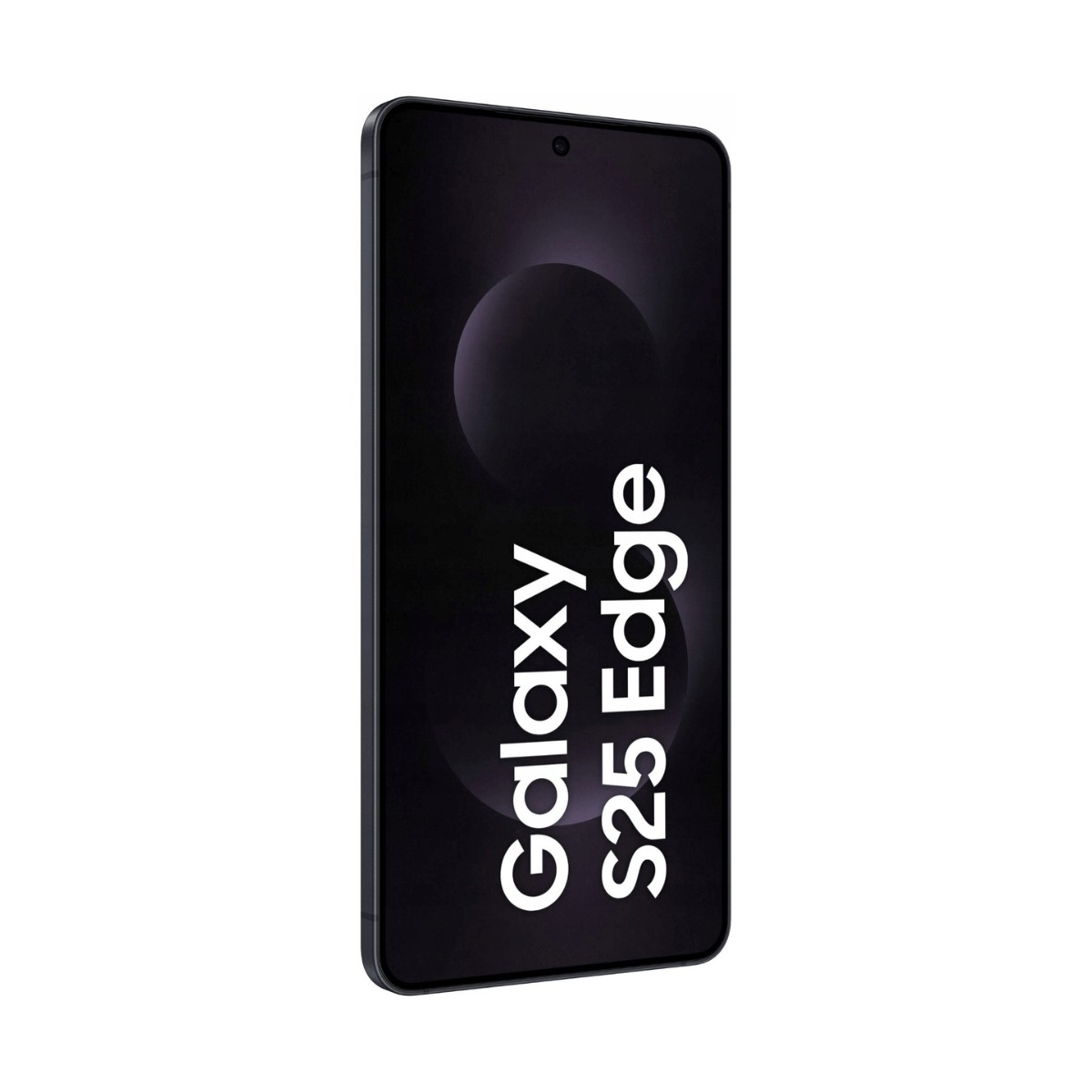 Uno smartphone Galaxy S25 Edge con schermo scuro che mostra il nome in bianco.
